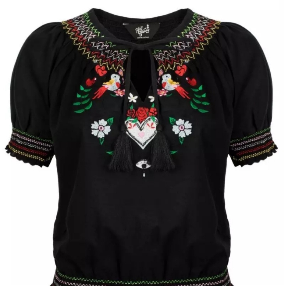 Hell Bunny Tessie Blouse Floral Bird Boho Embroidered Tassel Neck Bow Tie